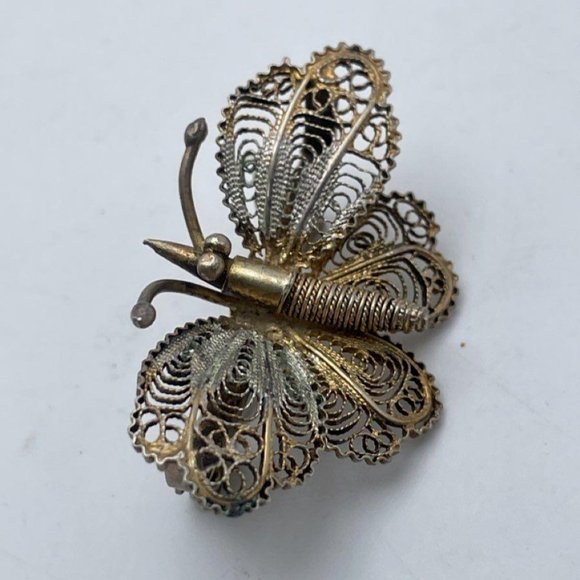 Vintage Antique 800 Sterling Silver Gold-Tone Filigree Butterfly Brooch Pin - Picture 1 of 6